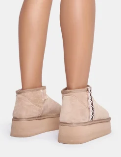 Discount Snowfall Light Beige Faux Suede Aztec Trim Mini Ankle Platform Boots Faux Fur Ankle Boots | Flat Boots
