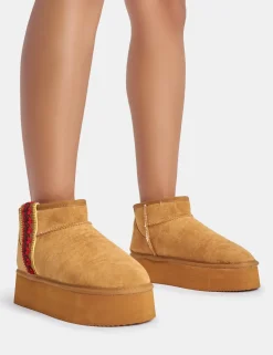 Best Snowfall Light Chestnut Faux Suede Ultra Mini Ankle Platform Boots Faux Fur Ankle Boots | Flat Boots