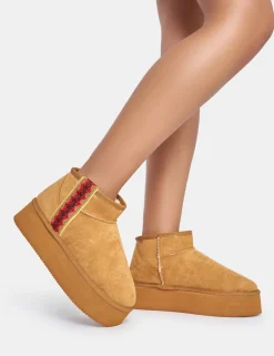 Best Snowfall Light Chestnut Faux Suede Ultra Mini Ankle Platform Boots Faux Fur Ankle Boots | Flat Boots