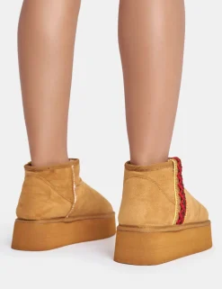 Best Snowfall Light Chestnut Faux Suede Ultra Mini Ankle Platform Boots Faux Fur Ankle Boots | Flat Boots