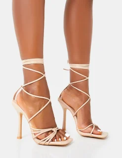 Store Solange Nude Patent Lace Up Strappy Square Toe High Heels Strappy Heels | Square Toe Heels