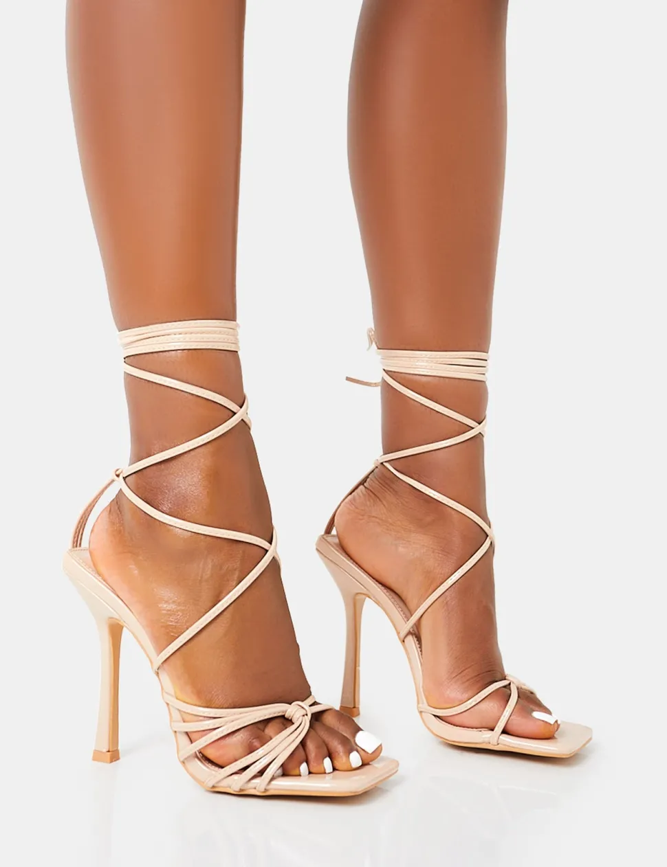 Store Solange Nude Patent Lace Up Strappy Square Toe High Heels Strappy Heels | Square Toe Heels