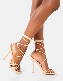 Store Solange Nude Patent Lace Up Strappy Square Toe High Heels Strappy Heels | Square Toe Heels