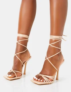 Store Solange Nude Patent Lace Up Strappy Square Toe High Heels Strappy Heels | Square Toe Heels