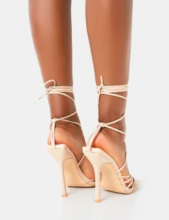 Store Solange Nude Patent Lace Up Strappy Square Toe High Heels Strappy Heels | Square Toe Heels