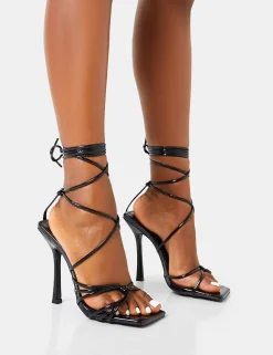 Cheap Solange Wide Fit Patent Lace Up Strappy Square Toe High Heels Wide Fit Heels | Wide Fit Heels