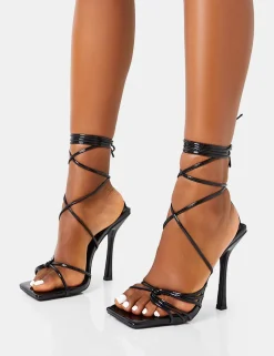 Cheap Solange Wide Fit Patent Lace Up Strappy Square Toe High Heels Wide Fit Heels | Wide Fit Heels