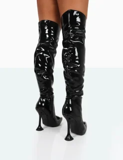 Hot Sonny Black Patent Sparkly Diamante Stud Pointed Toe Stiletto Heel Over the Knee Boots Sculpt & Leisure | Kaiia The Label