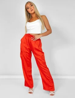 Best Sale Split Hem Satin Elasticated Waist Joggers Red Sculpt & Leisure | Kaiia The Label