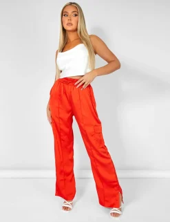 Best Sale Split Hem Satin Elasticated Waist Joggers Red Sculpt & Leisure | Kaiia The Label