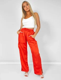 Best Sale Split Hem Satin Elasticated Waist Joggers Red Sculpt & Leisure | Kaiia The Label