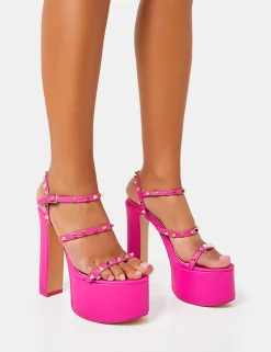 Shop Stefania Hot Studded Cage Platform Round Toe Block Heels Pink Heels | Block Heels