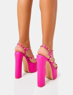 Shop Stefania Hot Studded Cage Platform Round Toe Block Heels Pink Heels | Block Heels