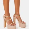 Sale Stefania Nude Patent Studded Cage Platform Round Toe Block Heels Block Heels | Platform Heels