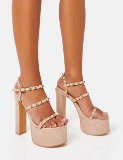 Sale Stefania Nude Patent Studded Cage Platform Round Toe Block Heels Block Heels | Platform Heels