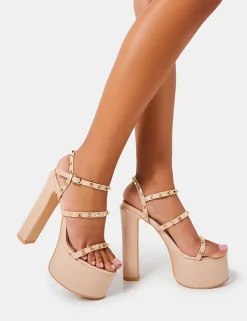Sale Stefania Nude Patent Studded Cage Platform Round Toe Block Heels Block Heels | Platform Heels