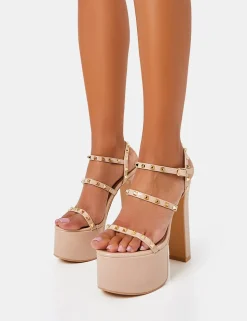 Sale Stefania Nude Patent Studded Cage Platform Round Toe Block Heels Block Heels | Platform Heels