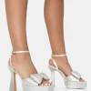New Sugarboo Off Satin Diamante Bow Lace Up Platform Heels Bow Heels | Diamante Heels