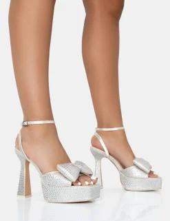 New Sugarboo Off Satin Diamante Bow Lace Up Platform Heels Bow Heels | Diamante Heels