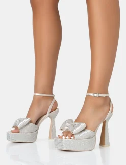 New Sugarboo Off Satin Diamante Bow Lace Up Platform Heels Bow Heels | Diamante Heels