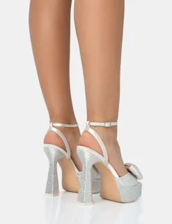 New Sugarboo Off Satin Diamante Bow Lace Up Platform Heels Bow Heels | Diamante Heels