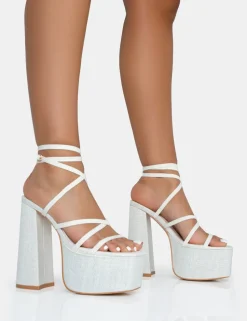 Flash Sale Suki Ecru Linen Strappy Platform Square Toe Block Heels Square Toe Heels | Block Heels