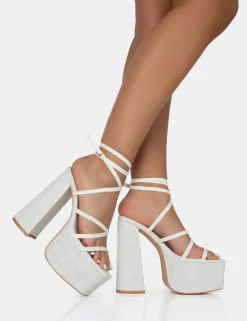 Flash Sale Suki Ecru Linen Strappy Platform Square Toe Block Heels Square Toe Heels | Block Heels