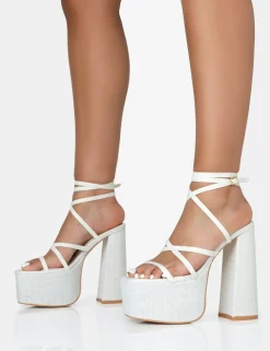 Flash Sale Suki Ecru Linen Strappy Platform Square Toe Block Heels Square Toe Heels | Block Heels