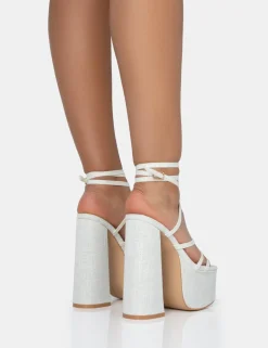 Flash Sale Suki Ecru Linen Strappy Platform Square Toe Block Heels Square Toe Heels | Block Heels