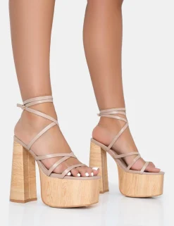 Outlet Suki Nude PU Strappy Wood Effect Platform Square Toe Block Heels Square Toe Heels | Block Heels