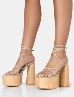 Outlet Suki Nude PU Strappy Wood Effect Platform Square Toe Block Heels Square Toe Heels | Block Heels