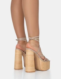 Outlet Suki Nude PU Strappy Wood Effect Platform Square Toe Block Heels Square Toe Heels | Block Heels