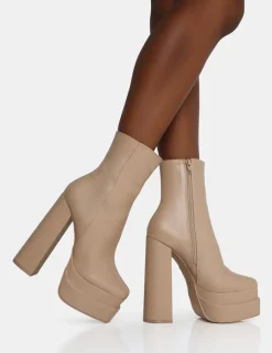 Store Supine Nude PU Chunky Heeled Platform Ankle Boots Chunky Boots | Ankle Boots