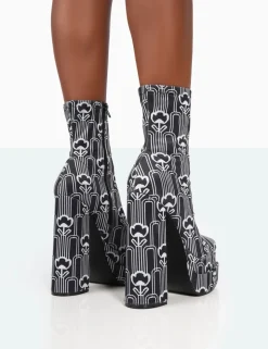 Outlet Supreme Floral Print Nylon Platform Block Heel Ankle Boots Block Heels | Heeled Boots