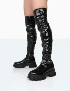 Online Take Chances Patent Chunky Sole Knee High Boots Flat Boots | Knee High Boots