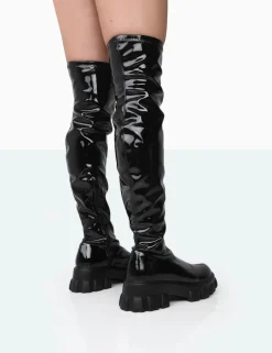 Online Take Chances Patent Chunky Sole Knee High Boots Flat Boots | Knee High Boots