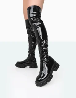 Online Take Chances Patent Chunky Sole Knee High Boots Flat Boots | Knee High Boots