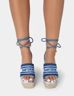 Shop Take Off Embroidered Santorini Lace Up Raffia Square Toe Wedge Heels 5" Heels | Wedges
