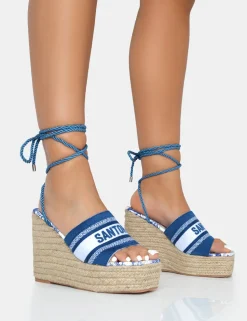 Shop Take Off Embroidered Santorini Lace Up Raffia Square Toe Wedge Heels 5" Heels | Wedges