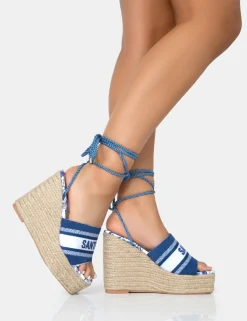 Shop Take Off Embroidered Santorini Lace Up Raffia Square Toe Wedge Heels 5