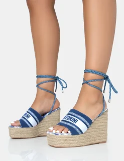 Shop Take Off Embroidered Santorini Lace Up Raffia Square Toe Wedge Heels 5