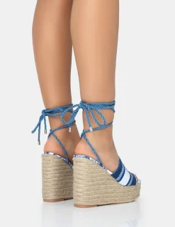 Shop Take Off Embroidered Santorini Lace Up Raffia Square Toe Wedge Heels 5