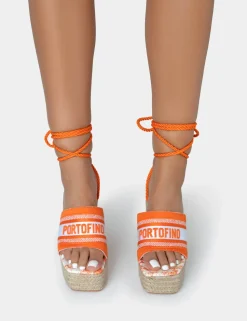 Shop Take Off Embroidered Portofino Lace Up Raffia Wedge Heels Wedges | Square Toe Heels