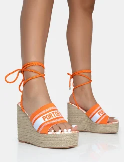 Shop Take Off Embroidered Portofino Lace Up Raffia Wedge Heels Wedges | Square Toe Heels