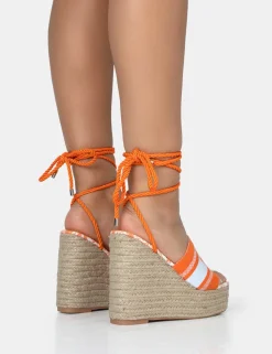 Shop Take Off Embroidered Portofino Lace Up Raffia Wedge Heels Wedges | Square Toe Heels