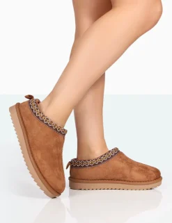 Best Tamsin Tan Faux Suede Embroidered Slipper Boots Flats | Faux Fur Ankle Boots