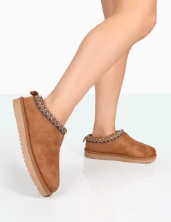 Best Tamsin Tan Faux Suede Embroidered Slipper Boots Flats | Faux Fur Ankle Boots
