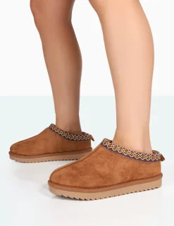 Best Tamsin Tan Faux Suede Embroidered Slipper Boots Flats | Faux Fur Ankle Boots