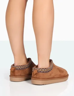 Best Tamsin Tan Faux Suede Embroidered Slipper Boots Flats | Faux Fur Ankle Boots