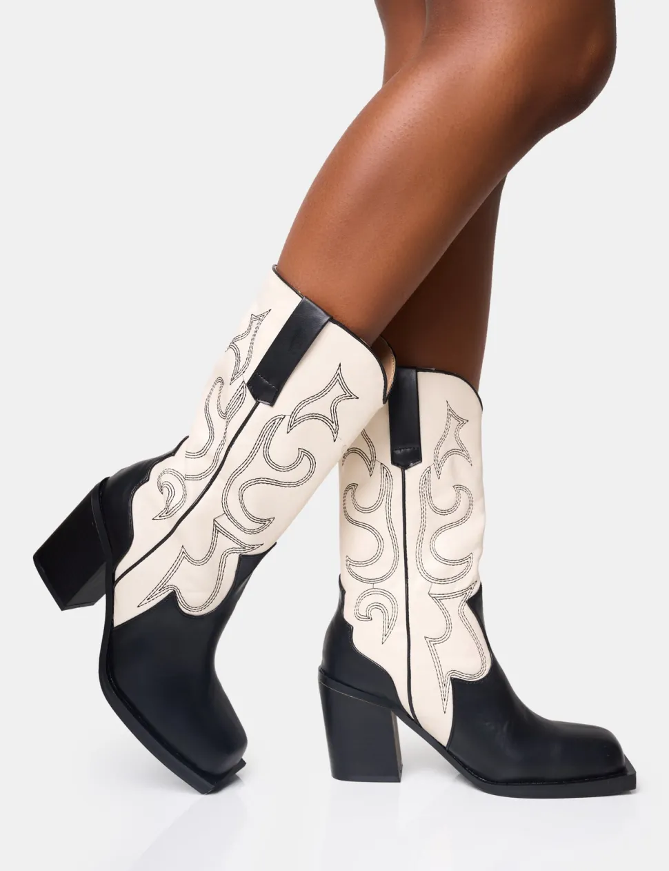 Shop Texas Black and Ecru Western Block Heel Ankle Boots Western Boots | Ankle Boots